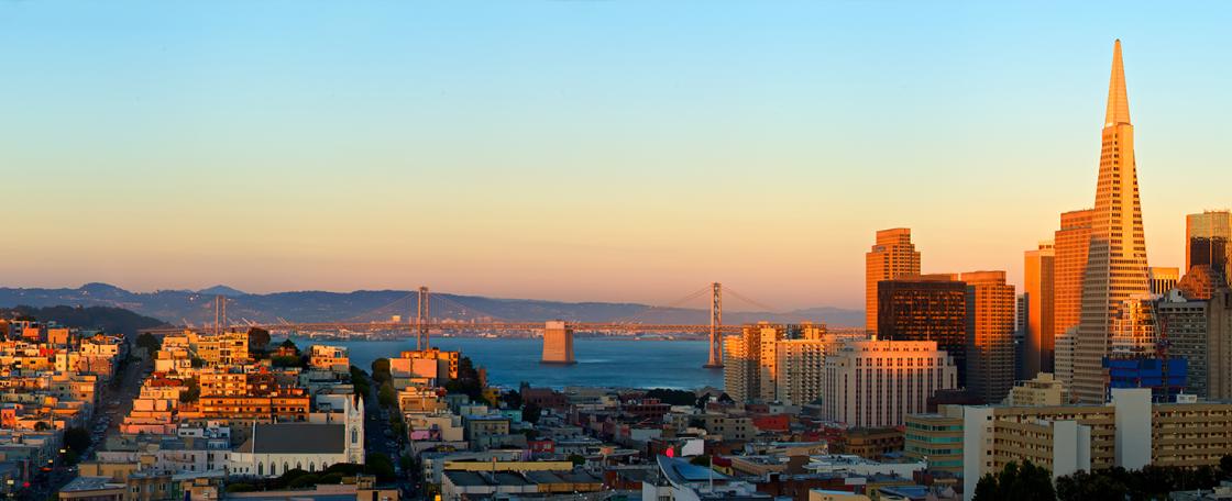 Birds view of Bay Bridge from Polk Street. 