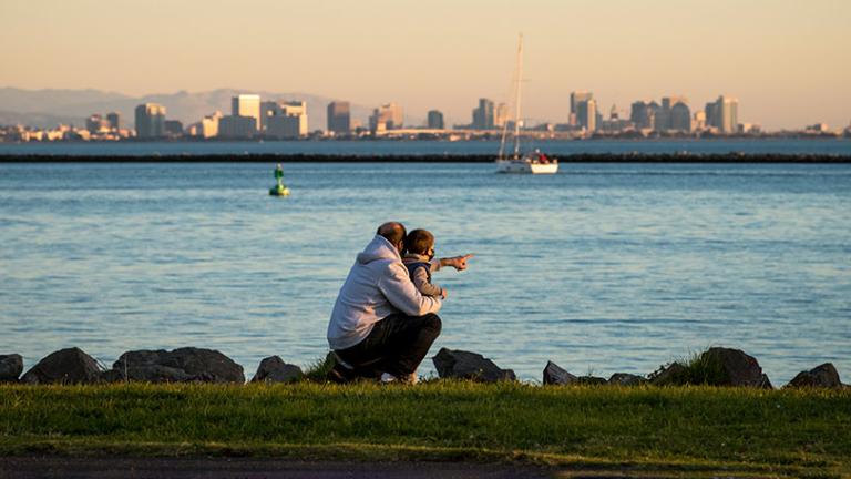 An adult and child looking onto a shoreline.