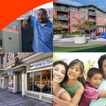 A collection of four pictures showing buildings and happy people